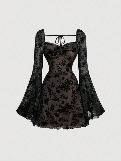 Skyraze Women's Floral Print Flare Sleeve Elegant Mini Dress