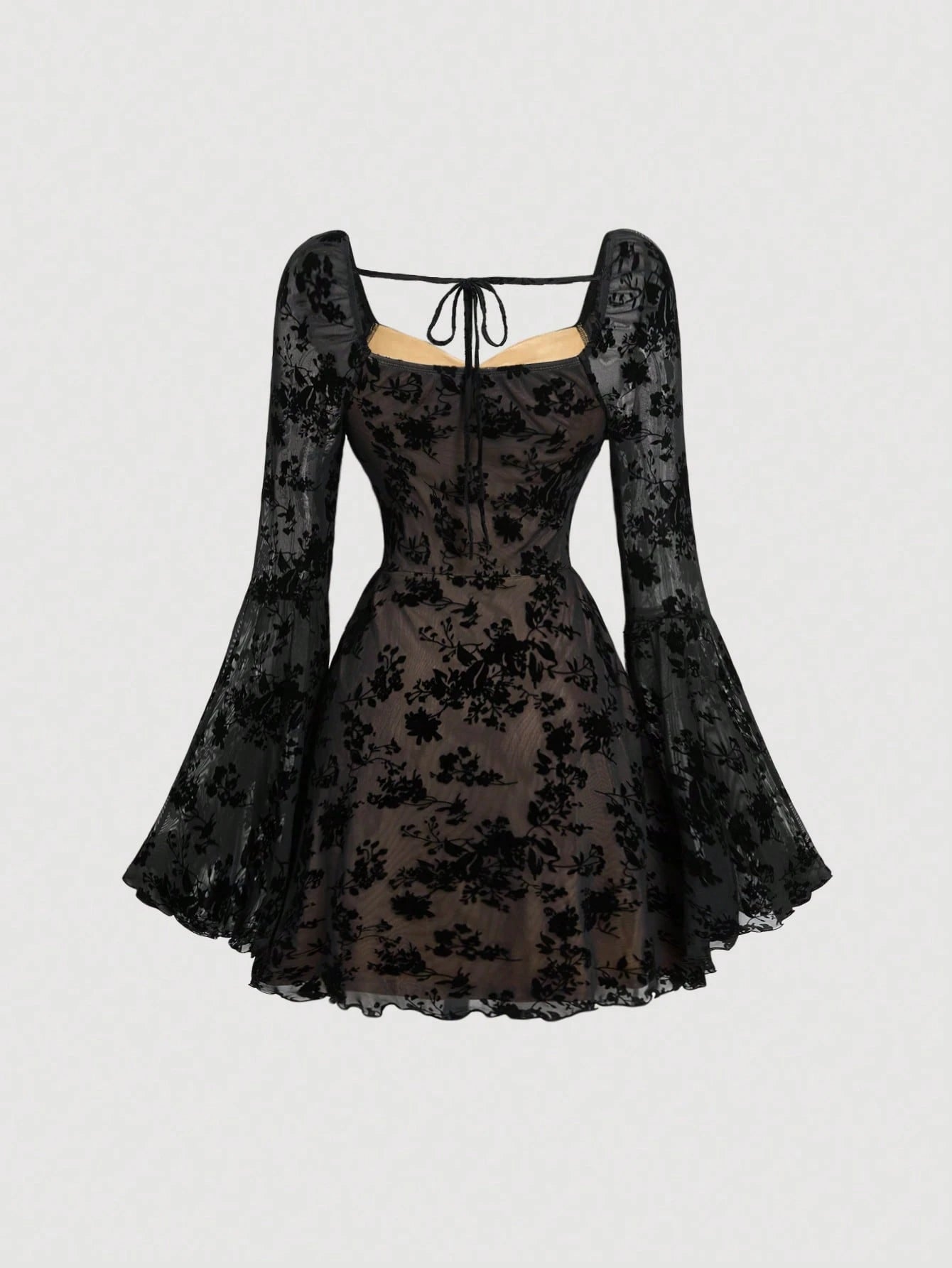 Skyraze Women's Floral Print Flare Sleeve Elegant Mini Dress
