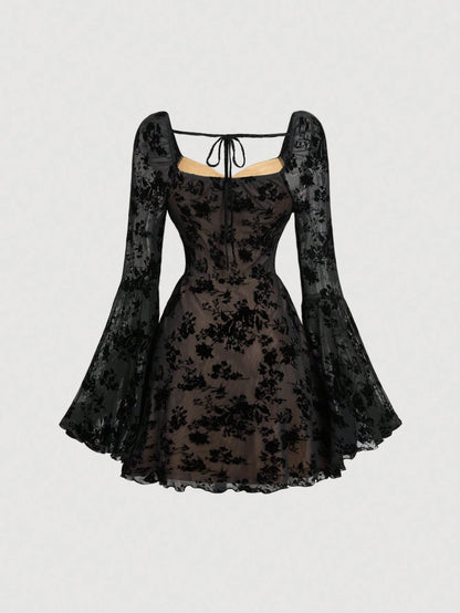 Skyraze Women's Floral Print Flare Sleeve Elegant Mini Dress