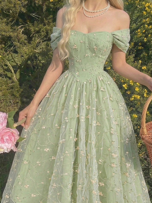 Skyraze Women's Sage Green Summer Casual Party Off Shoulder Floral Embroidery Ruffle Elegant Midi Dress,Wedding Guest Garden Picnic Cottagecore French Style