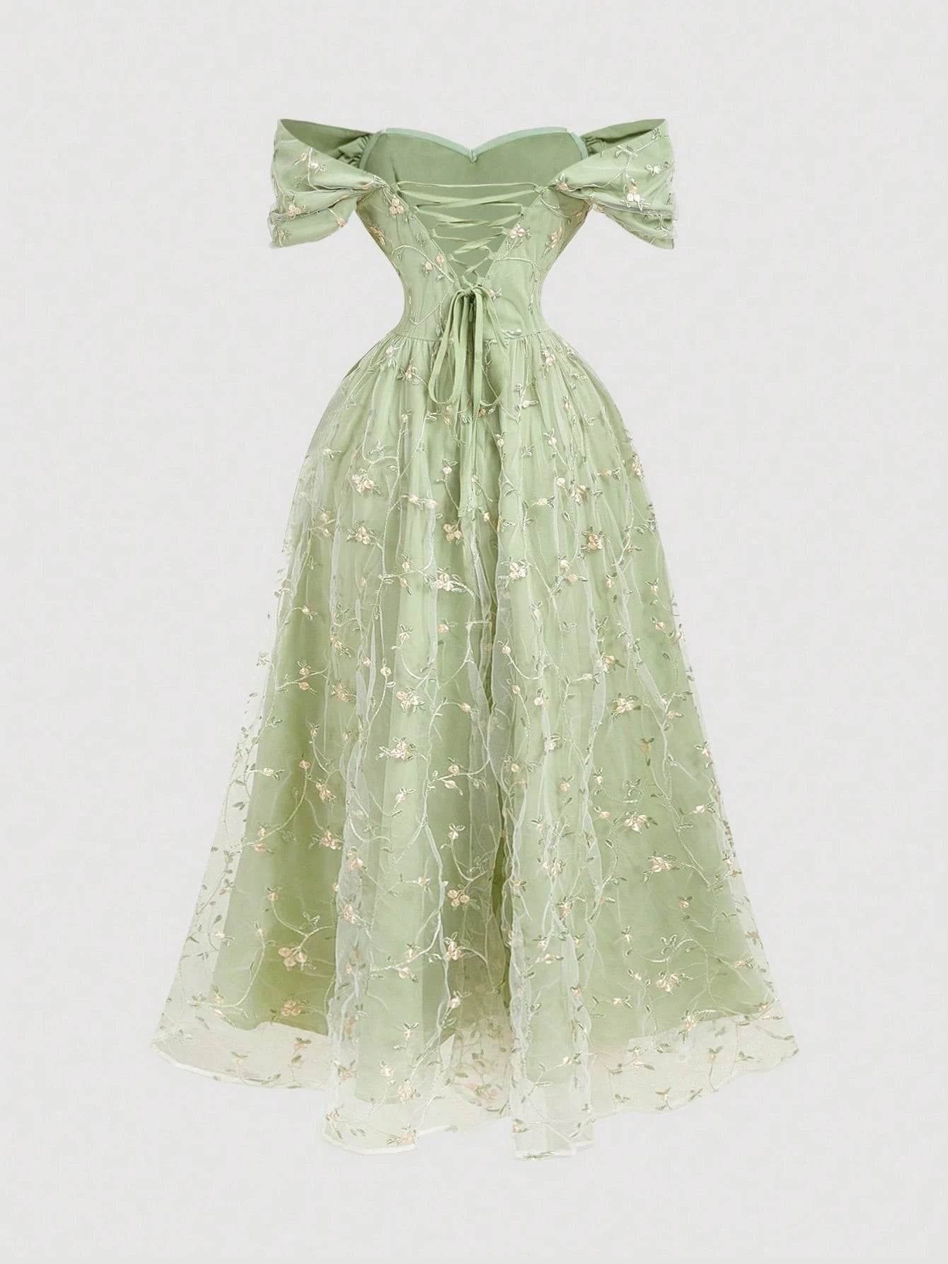 Skyraze Women's Sage Green Summer Casual Party Off Shoulder Floral Embroidery Ruffle Elegant Midi Dress,Wedding Guest Garden Picnic Cottagecore French Style