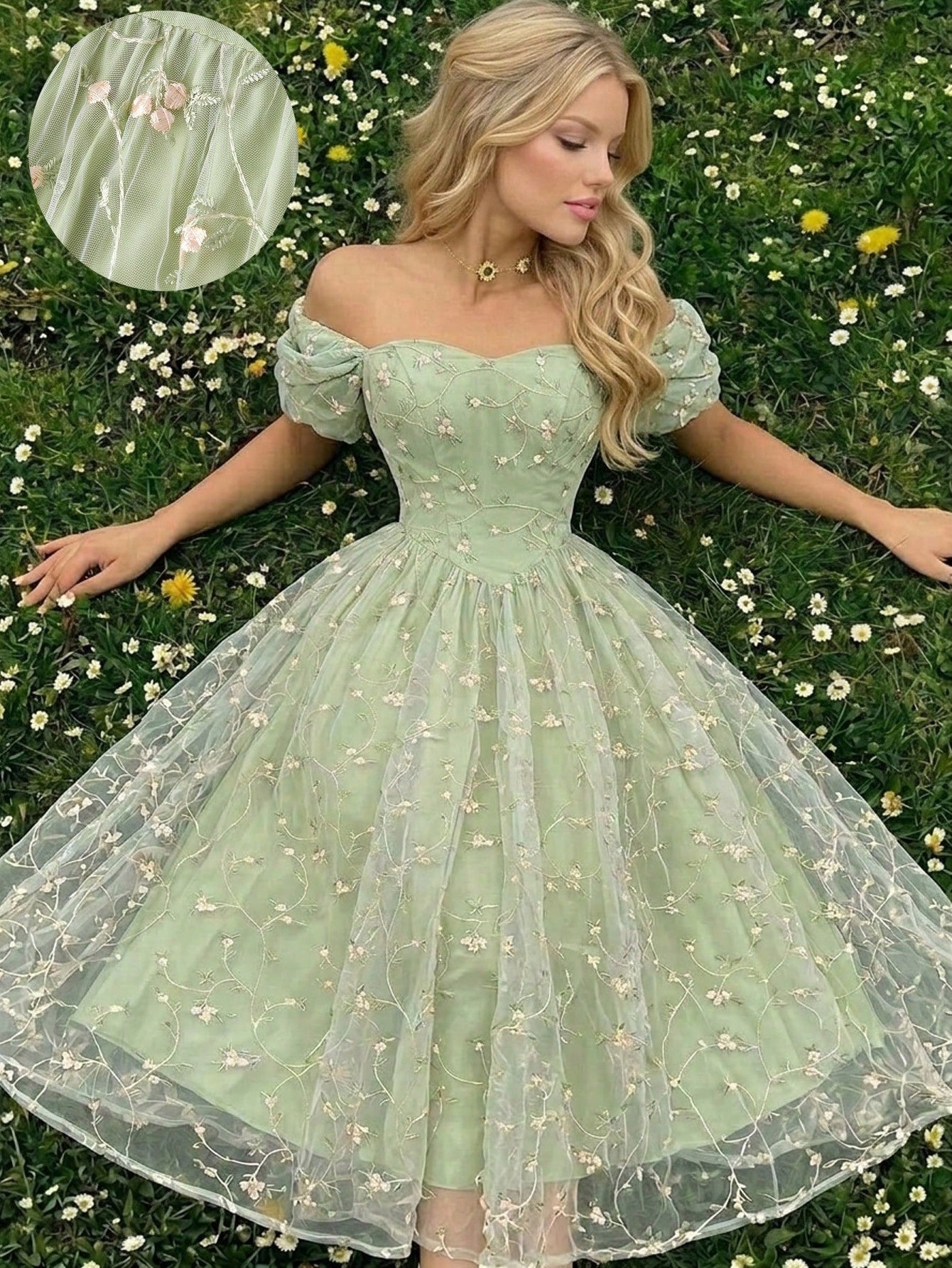 Skyraze Women's Sage Green Summer Casual Party Off Shoulder Floral Embroidery Ruffle Elegant Midi Dress,Wedding Guest Garden Picnic Cottagecore French Style