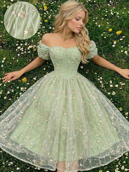 Skyraze Women's Sage Green Summer Casual Party Off Shoulder Floral Embroidery Ruffle Elegant Midi Dress,Wedding Guest Garden Picnic Cottagecore French Style