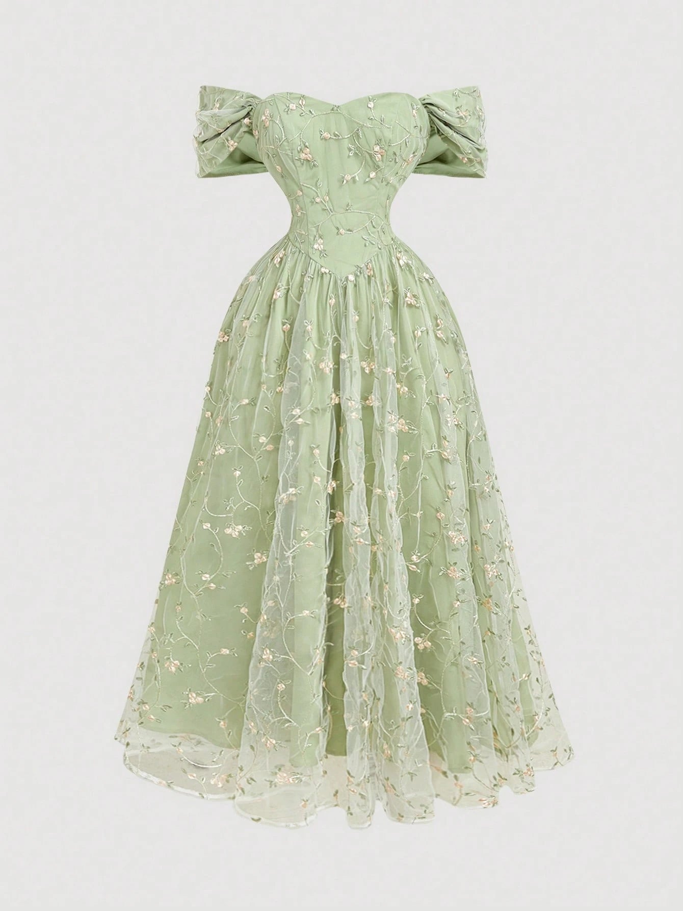 Skyraze Women's Sage Green Summer Casual Party Off Shoulder Floral Embroidery Ruffle Elegant Midi Dress,Wedding Guest Garden Picnic Cottagecore French Style