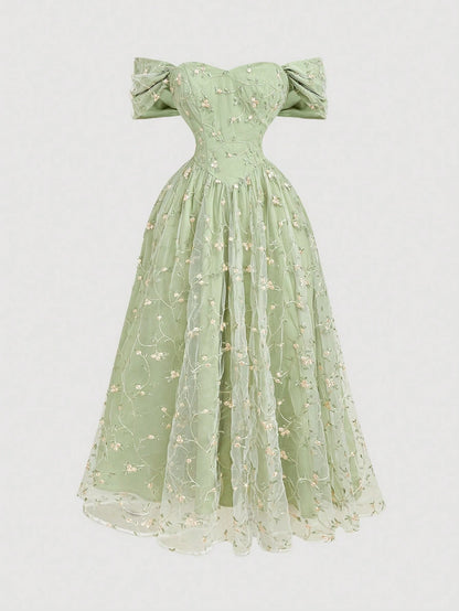 Skyraze Women's Sage Green Summer Casual Party Off Shoulder Floral Embroidery Ruffle Elegant Midi Dress,Wedding Guest Garden Picnic Cottagecore French Style