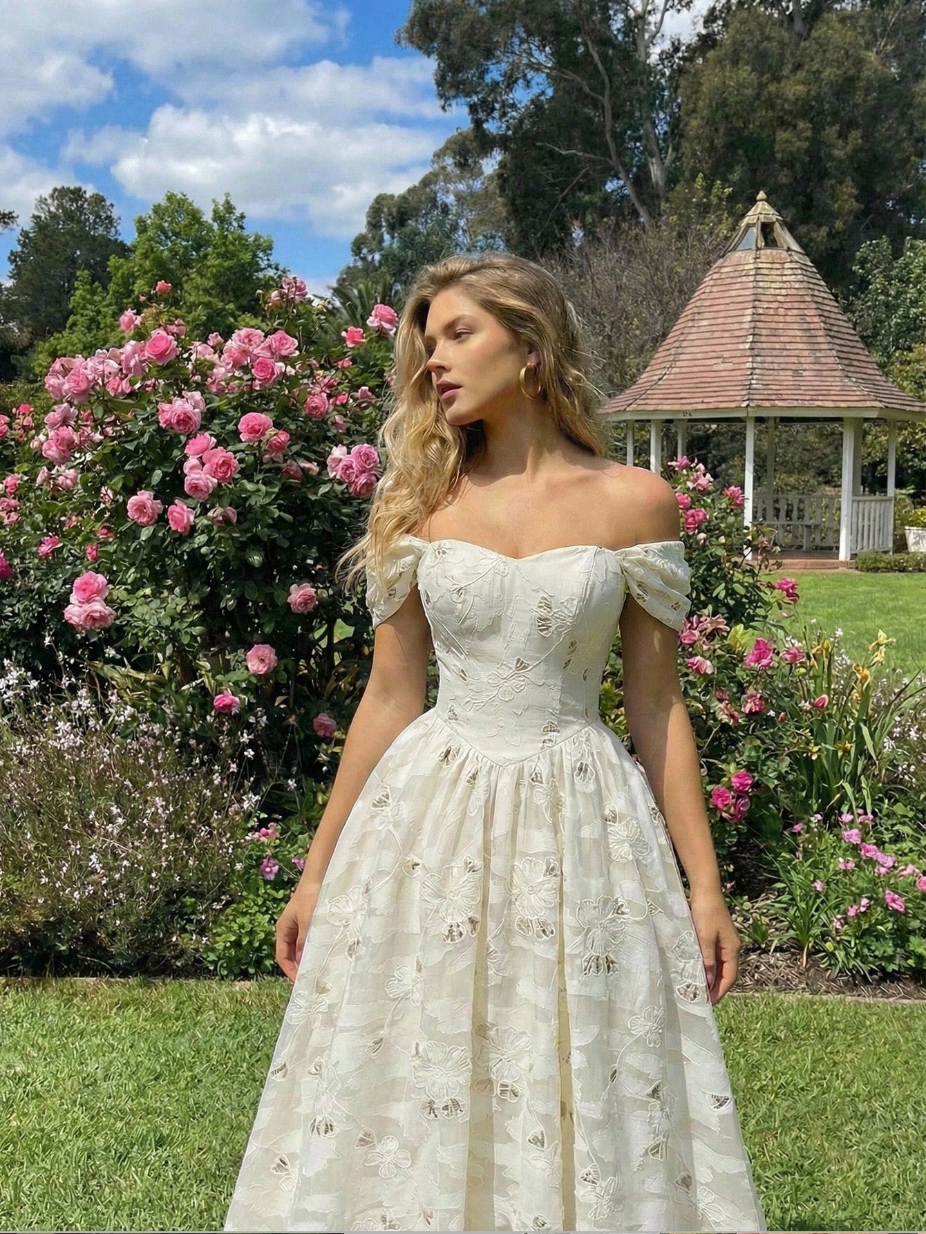 Skyraze Women's Sage Green Summer Casual Party Off Shoulder Floral Embroidery Ruffle Elegant Midi Dress,Wedding Guest Garden Picnic Cottagecore French Style