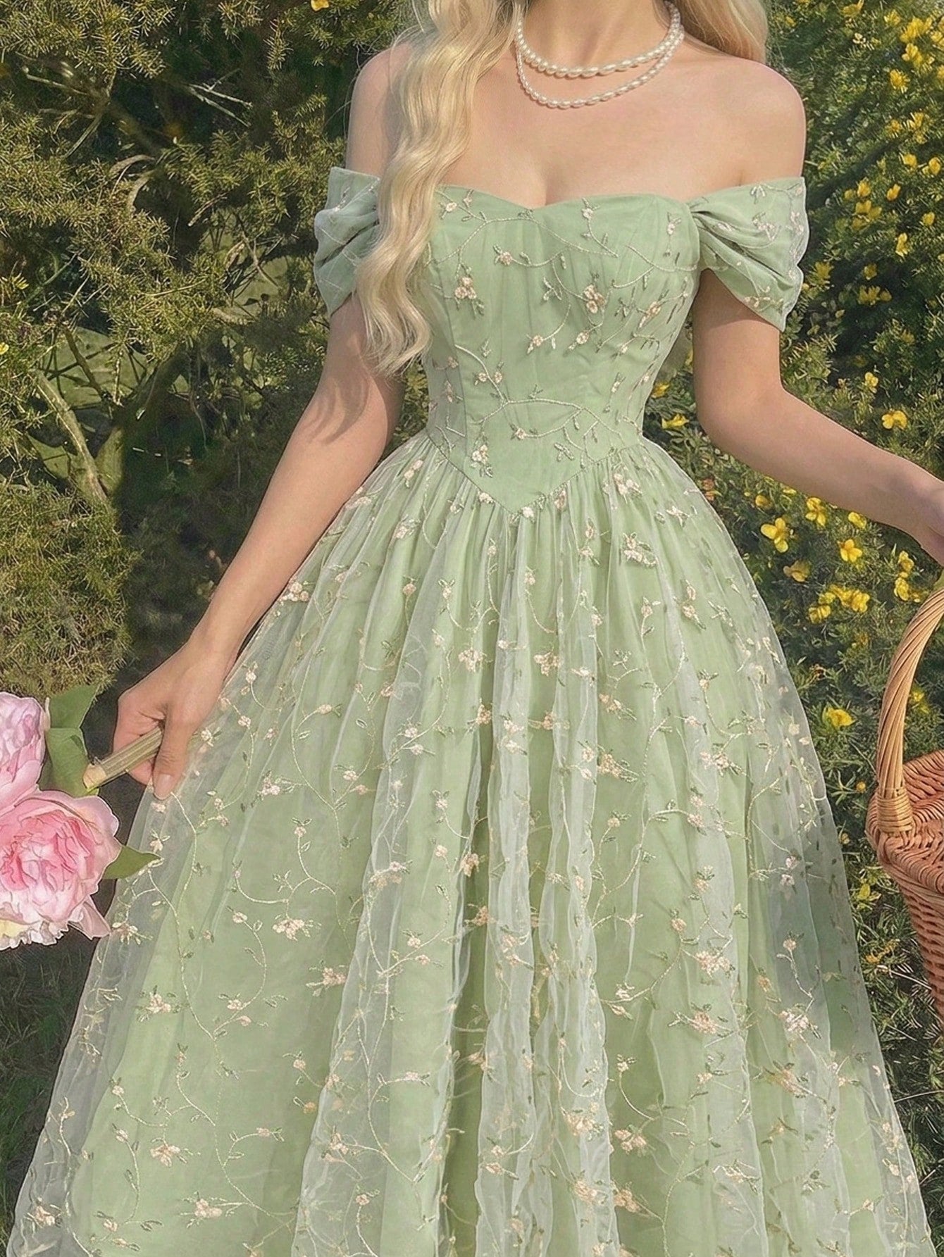 Skyraze Women's Sage Green Summer Casual Party Off Shoulder Floral Embroidery Ruffle Elegant Midi Dress,Wedding Guest Garden Picnic Cottagecore French Style