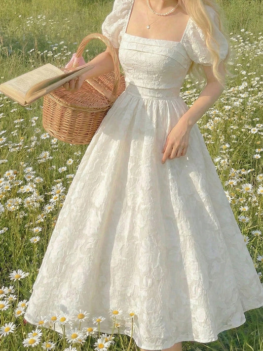 Skyraze Women's White Square Neck Textured Petal Puffed Sleeve Mid-Length Dress,Elegant Cottagecore French Style Summer Picnic Dress,Wedding Guest Party Dress