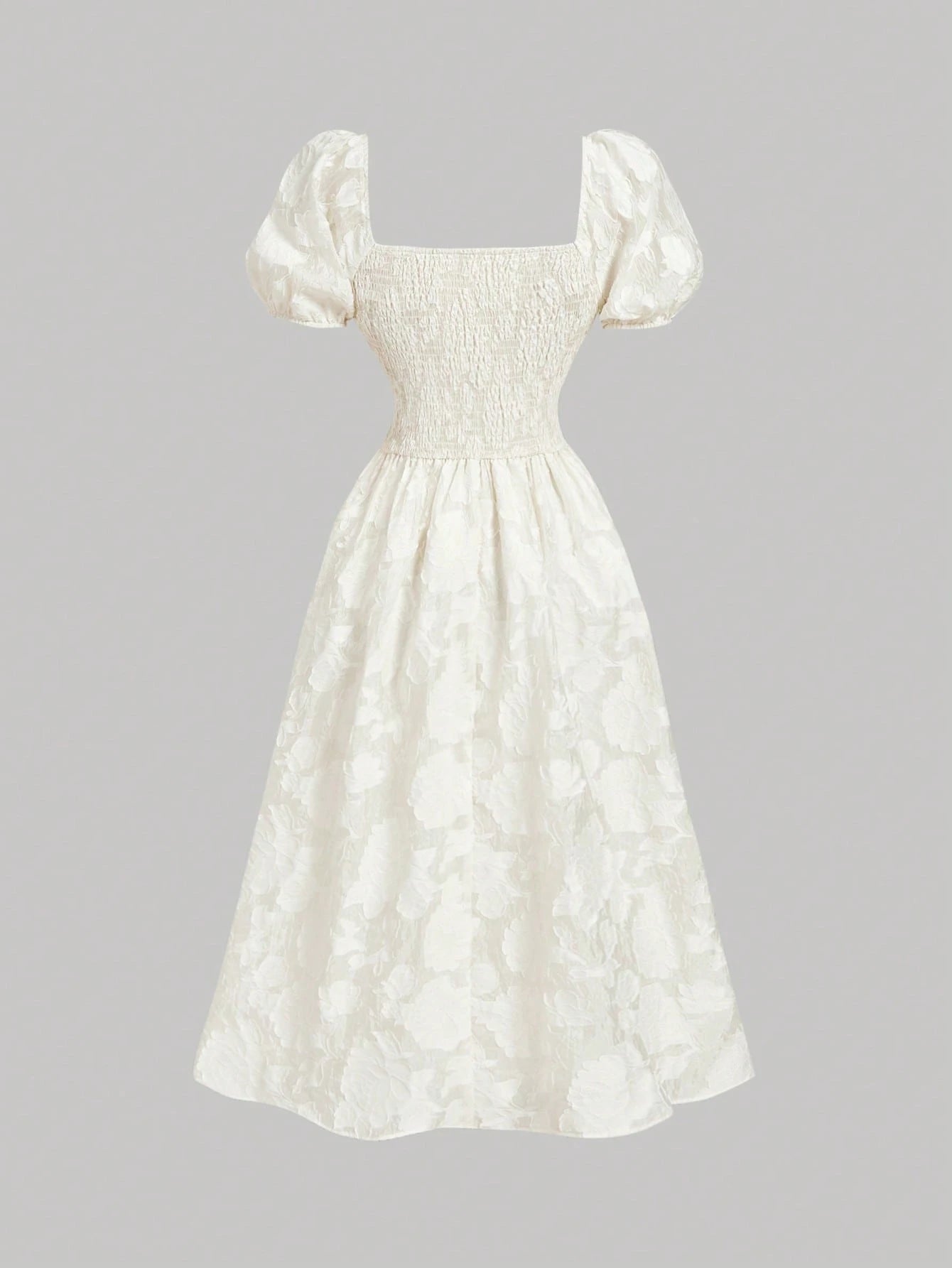 Skyraze Women's White Square Neck Textured Petal Puffed Sleeve Mid-Length Dress,Elegant Cottagecore French Style Summer Picnic Dress,Wedding Guest Party Dress