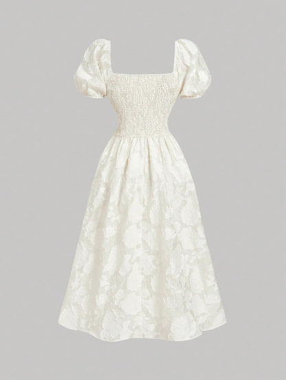 Skyraze Women's White Square Neck Textured Petal Puffed Sleeve Mid-Length Dress,Elegant Cottagecore French Style Summer Picnic Dress,Wedding Guest Party Dress