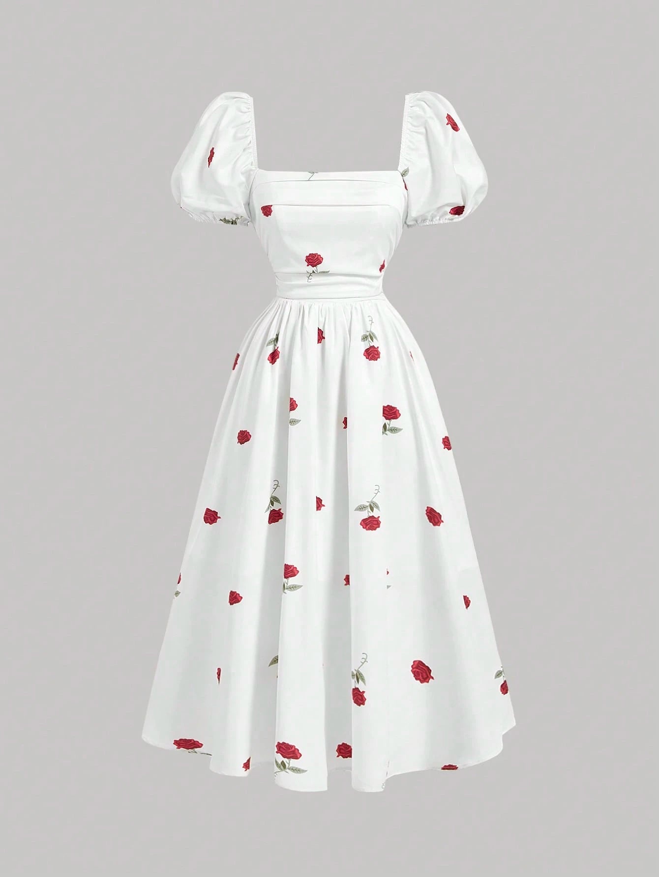 Skyraze Women's White Square Neck Textured Petal Puffed Sleeve Mid-Length Dress,Elegant Cottagecore French Style Summer Picnic Dress,Wedding Guest Party Dress