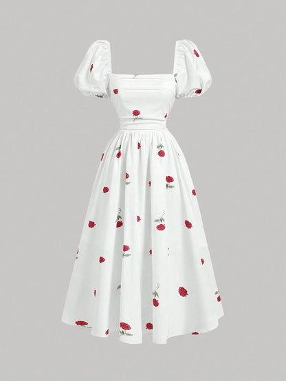 Skyraze Women's White Square Neck Textured Petal Puffed Sleeve Mid-Length Dress,Elegant Cottagecore French Style Summer Picnic Dress,Wedding Guest Party Dress