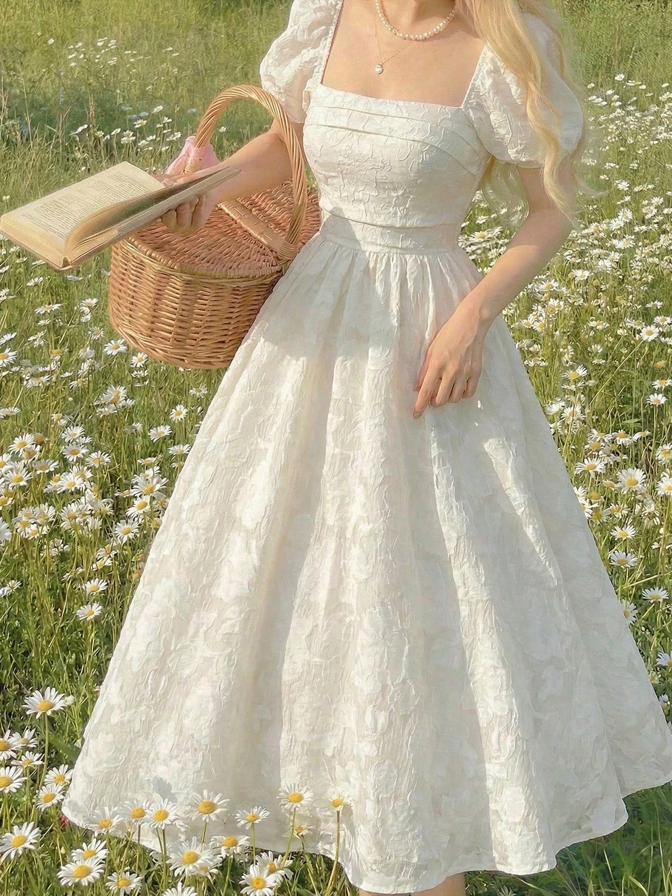 Skyraze Women's White Square Neck Textured Petal Puffed Sleeve Mid-Length Dress,Elegant Cottagecore French Style Summer Picnic Dress,Wedding Guest Party Dress