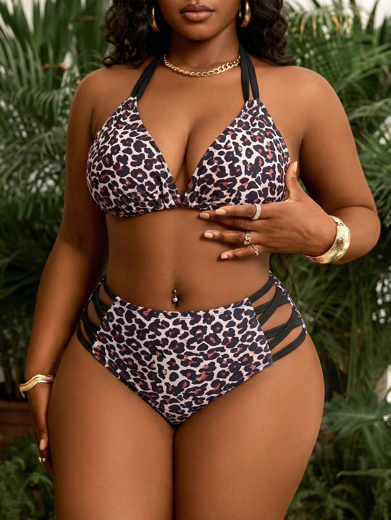 Slaydiva 2026 New Plus Size 2pcs Leopard Print Random Pattern Tie-Front Sexy Summer Beach Bikini Set Set