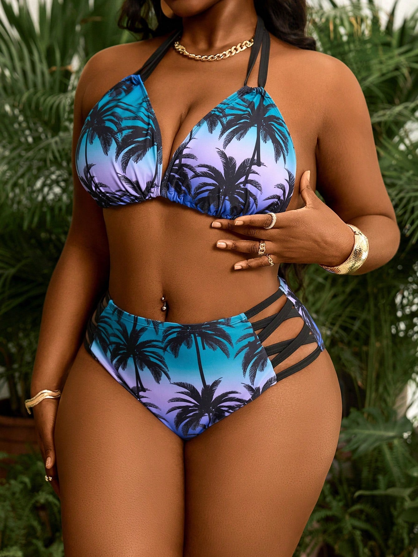 Slaydiva 2026 New Plus Size 2pcs Leopard Print Random Pattern Tie-Front Sexy Summer Beach Bikini Set Set