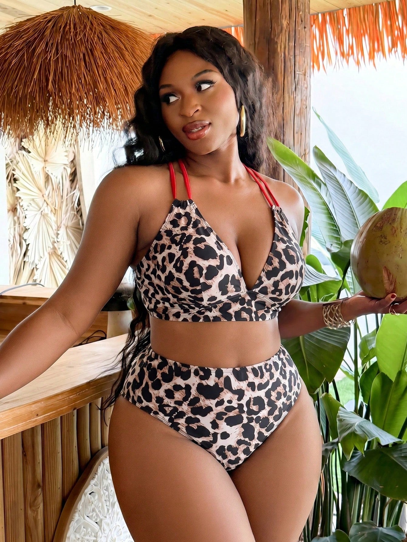 Slaydiva 2026 New Summer Beach Vacation Sexy Casual Patchwork Leopard Print Plus Size Swimsuit Set Beige