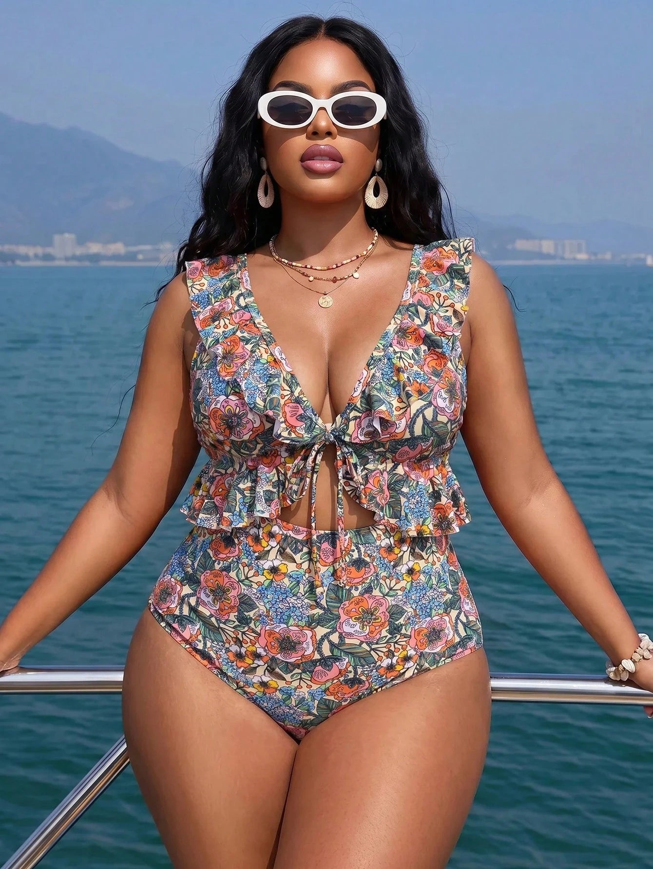 Slaydiva 2026 Plus Size Women's Blue And White Floral V-Neck Ruffle High Waist Cutout One-Piece Swimsuit, Beach Vacation, Summer Holiday Outfit, Wedding Guest