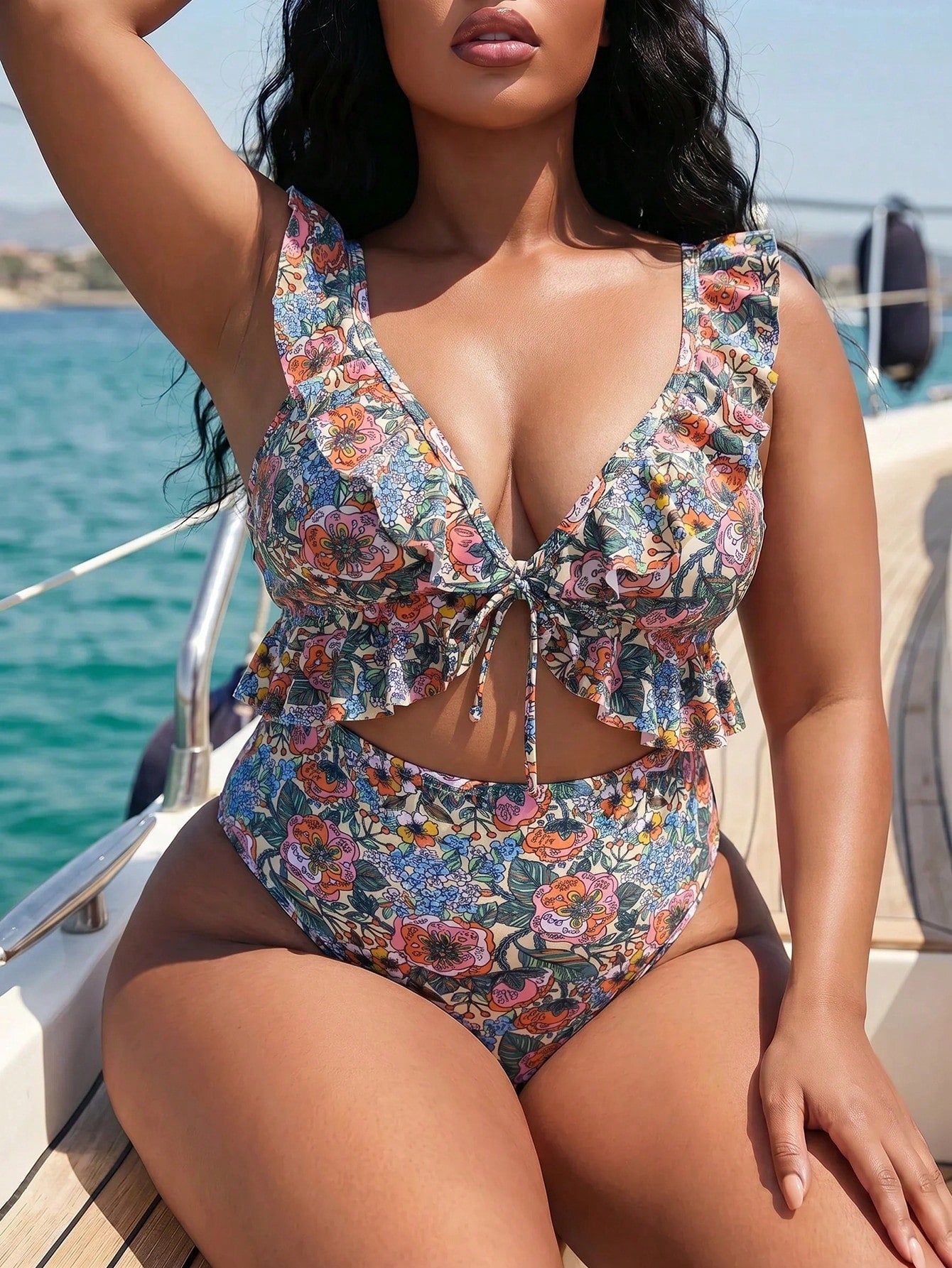 Slaydiva 2026 Plus Size Women's Blue And White Floral V-Neck Ruffle High Waist Cutout One-Piece Swimsuit, Beach Vacation, Summer Holiday Outfit, Wedding Guest