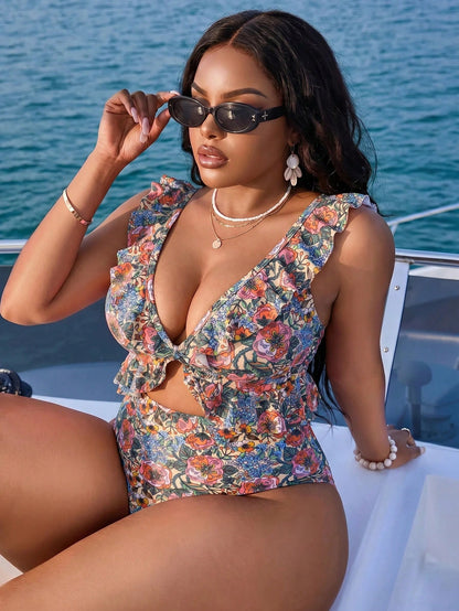 Slaydiva 2026 Plus Size Women's Blue And White Floral V-Neck Ruffle High Waist Cutout One-Piece Swimsuit, Beach Vacation, Summer Holiday Outfit, Wedding Guest