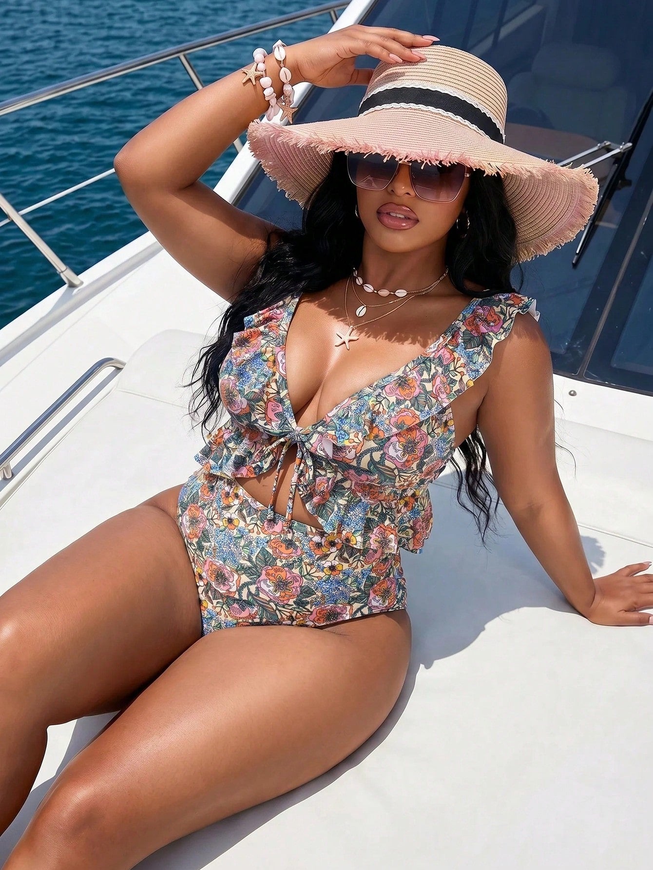 Slaydiva 2026 Plus Size Women's Blue And White Floral V-Neck Ruffle High Waist Cutout One-Piece Swimsuit, Beach Vacation, Summer Holiday Outfit, Wedding Guest