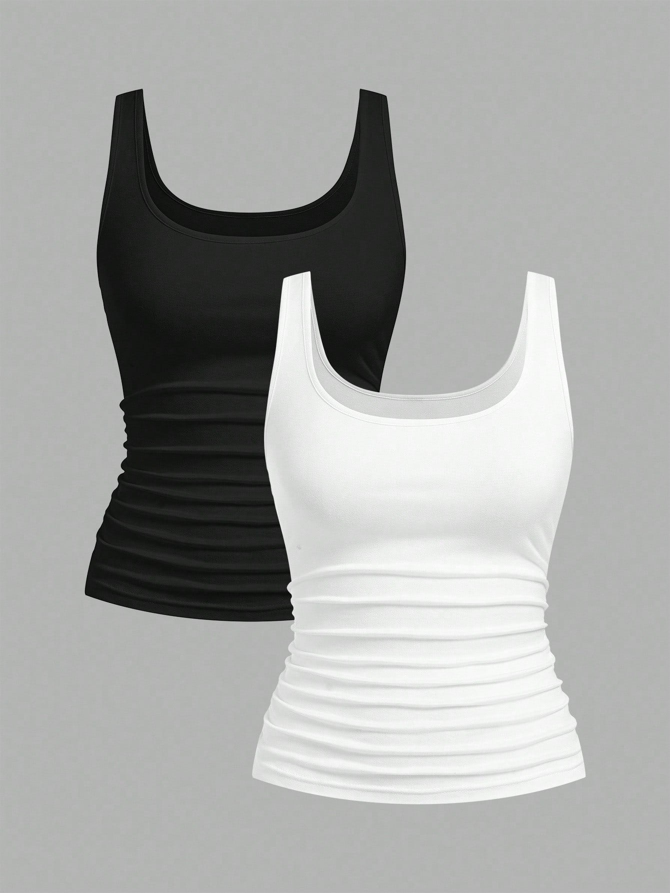 Slaydiva 2pcs Plus Size Women Black And White,Autumn,Smart Casual,Everyday Ruched Waist Tight Fitting Camisole Set,Vacation Casual Y2K Style Curvy Tank Tops