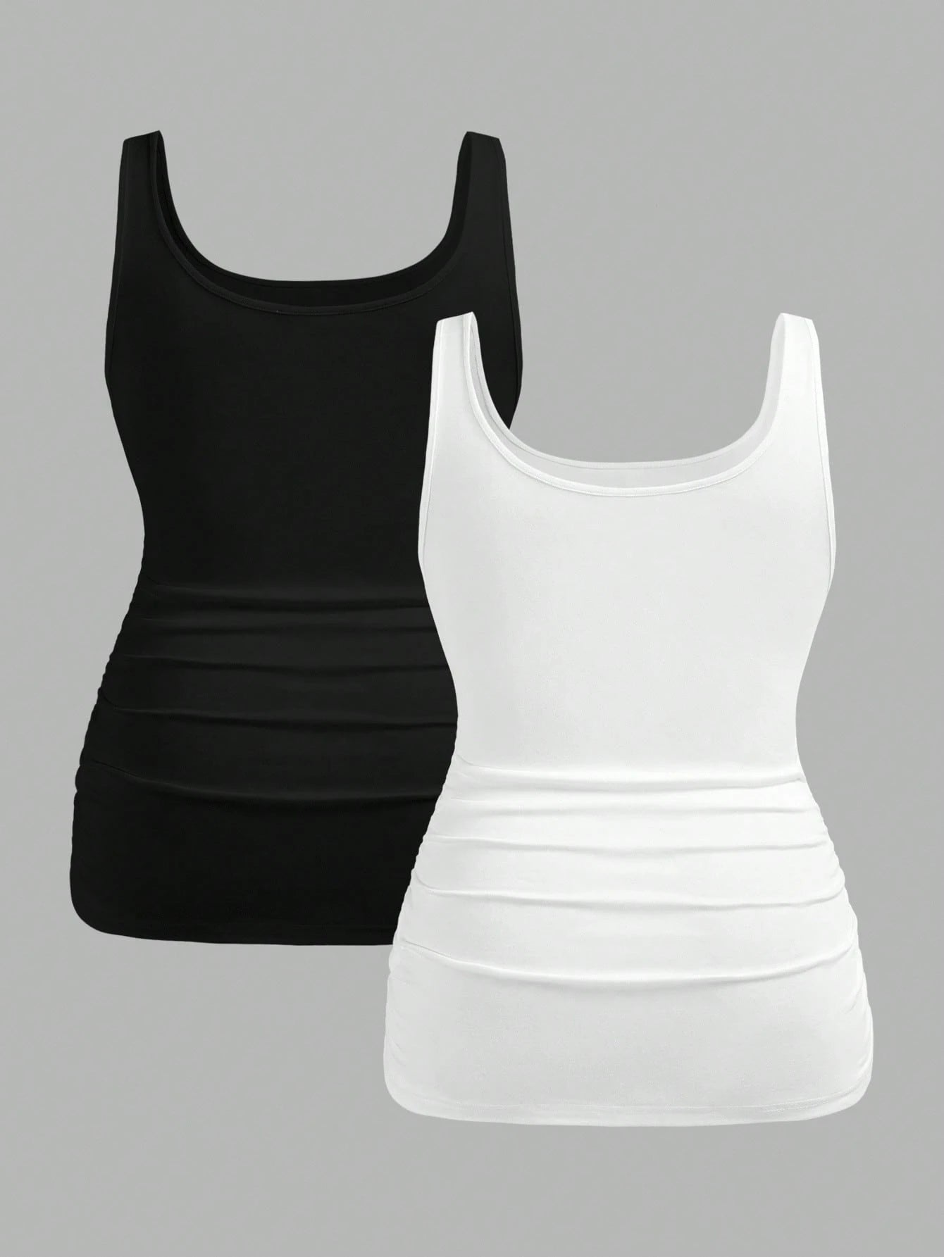 Slaydiva 2pcs Plus Size Women Black And White,Autumn,Smart Casual,Everyday Ruched Waist Tight Fitting Camisole Set,Vacation Casual Y2K Style Curvy Tank Tops