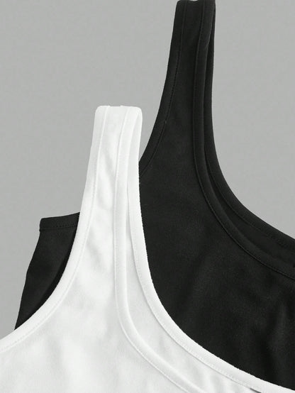 Slaydiva 2pcs Plus Size Women Black And White,Autumn,Smart Casual,Everyday Ruched Waist Tight Fitting Camisole Set,Vacation Casual Y2K Style Curvy Tank Tops