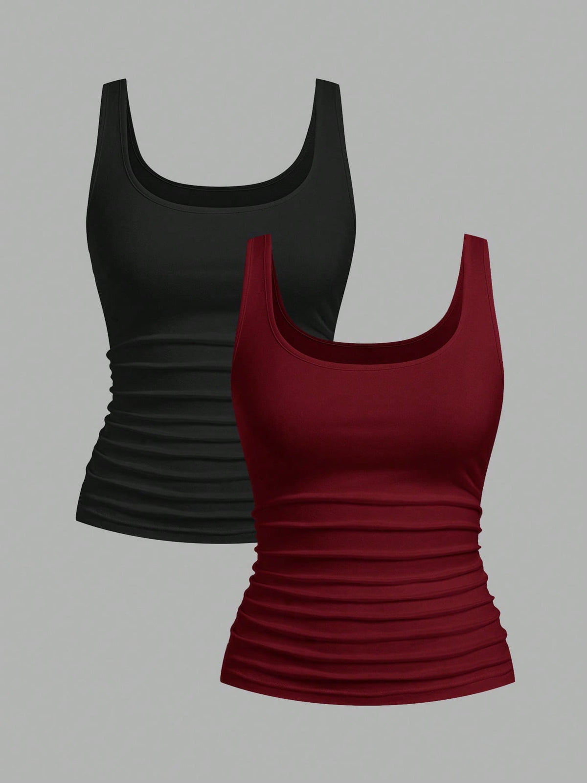 Slaydiva Black & Burgundy Women's Casual Scoop Neck Ruched Bodycon Tank Top Set, Versatile For Daily Wear