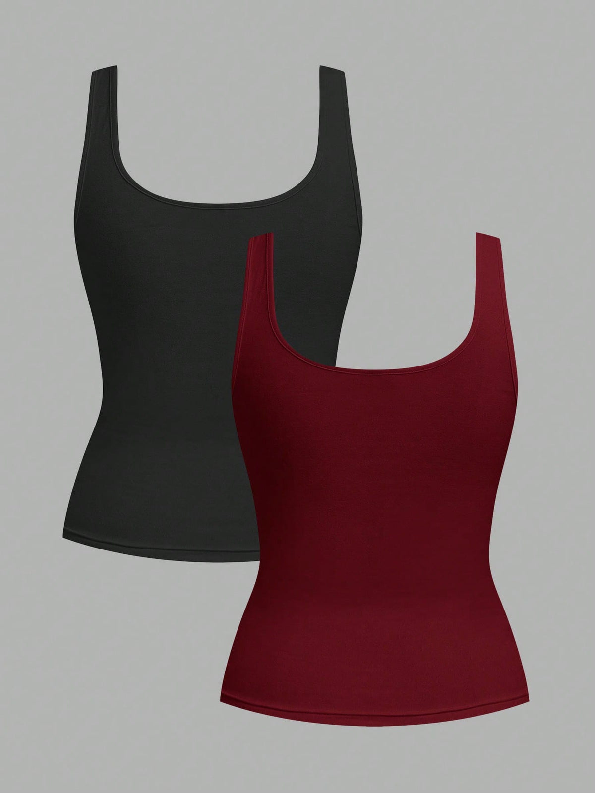 Slaydiva Black & Burgundy Women's Casual Scoop Neck Ruched Bodycon Tank Top Set, Versatile For Daily Wear