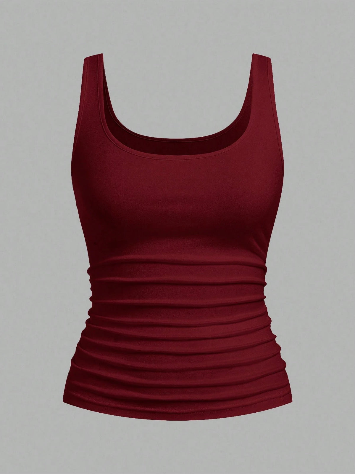 Slaydiva Black & Burgundy Women's Casual Scoop Neck Ruched Bodycon Tank Top Set, Versatile For Daily Wear
