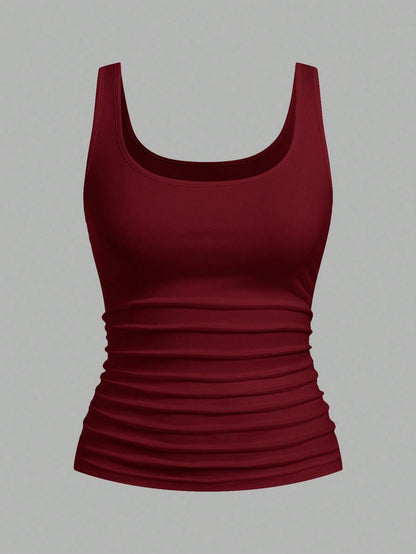 Slaydiva Black & Burgundy Women's Casual Scoop Neck Ruched Bodycon Tank Top Set, Versatile For Daily Wear