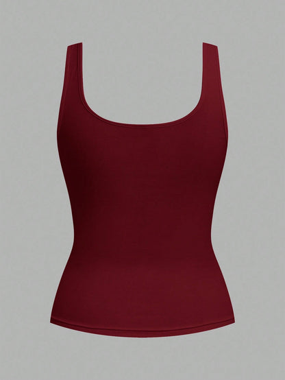 Slaydiva Black & Burgundy Women's Casual Scoop Neck Ruched Bodycon Tank Top Set, Versatile For Daily Wear