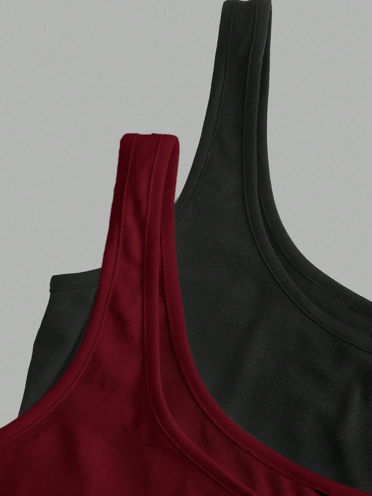 Slaydiva Black & Burgundy Women's Casual Scoop Neck Ruched Bodycon Tank Top Set, Versatile For Daily Wear