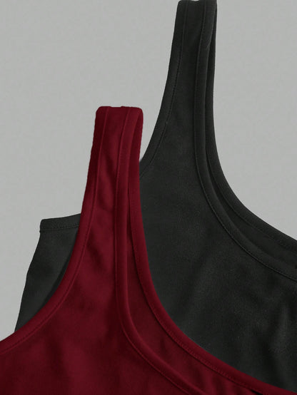Slaydiva Black & Burgundy Women's Casual Scoop Neck Ruched Bodycon Tank Top Set, Versatile For Daily Wear