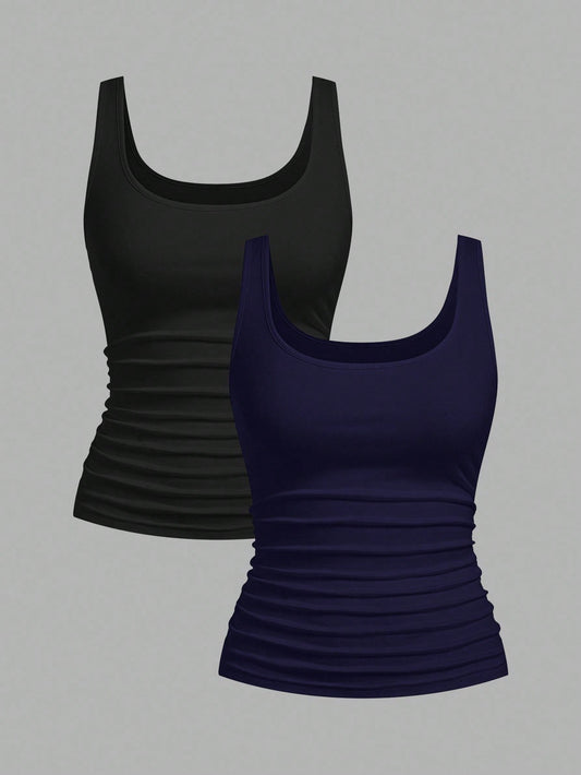 Slaydiva Black & Navy Blue Women's Casual Scoop Neck Ruched Bodycon Tank Top Set, Versatile For Daily Wear