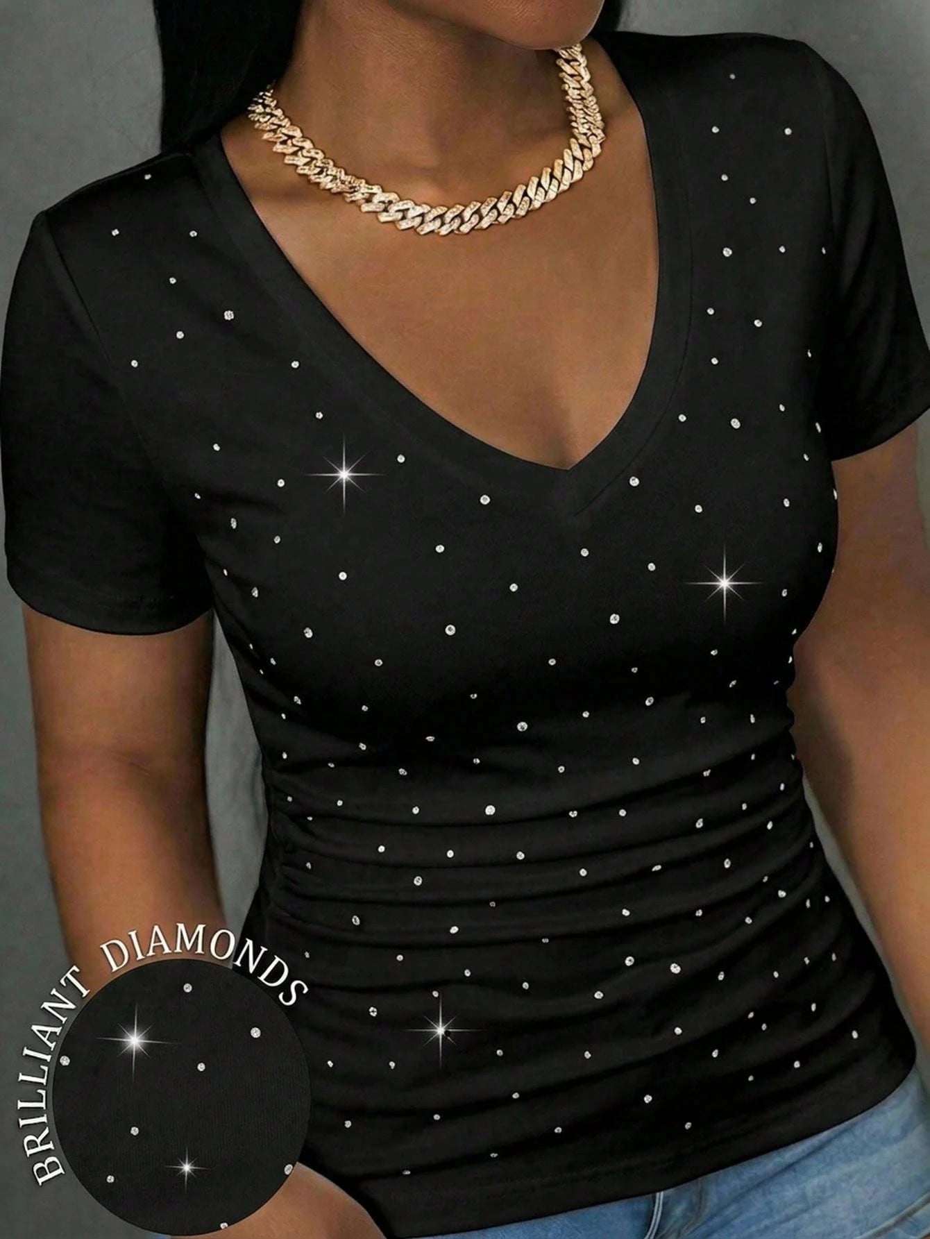 Slaydiva Casual Minimalist Rhinestone Rose Red Plus Size V-Neck T-Shirt, Suitable For Music Festivals In Summer