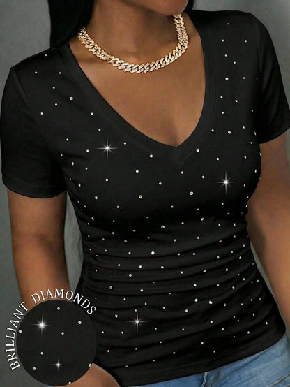Slaydiva Casual Minimalist Rhinestone Rose Red Plus Size V-Neck T-Shirt, Suitable For Music Festivals In Summer