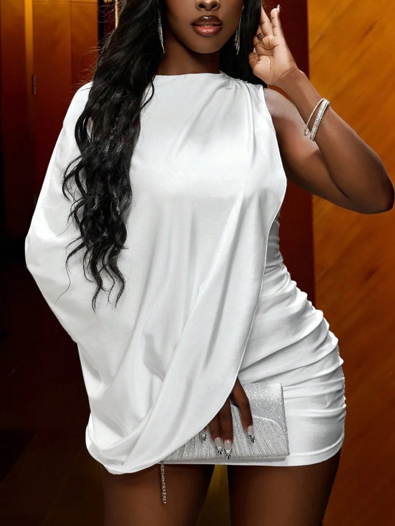 Slaydiva Fashion Little Lady Celebrity Elegant Party Birthday Bar Nightclub Dating Sisters Gathering One Shoulder Cape Ultra Short Tight Mini Dress-A