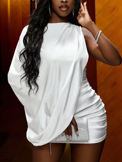 Slaydiva Fashion Little Lady Celebrity Elegant Party Birthday Bar Nightclub Dating Sisters Gathering One Shoulder Cape Ultra Short Tight Mini Dress-A