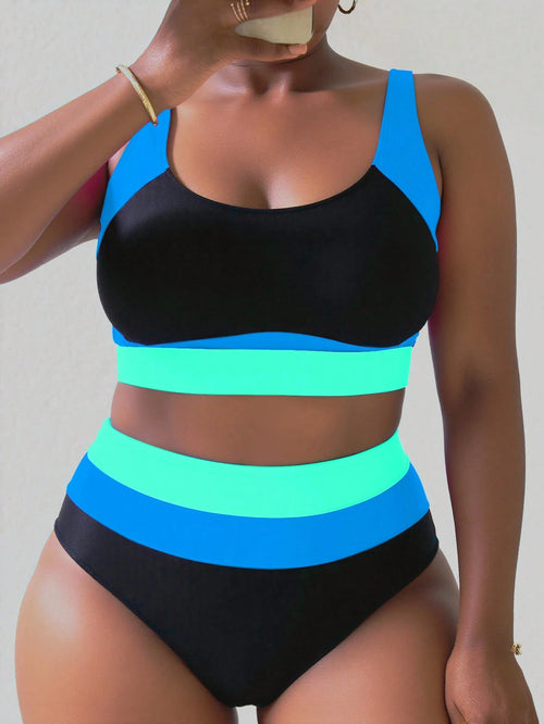 Slaydiva New Plus Size Women's Contrast Color Patchwork Bikini High Waist Triangle Bottoms 2 Pieces Swimwear Set