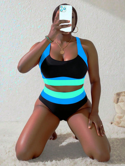 Slaydiva New Plus Size Women's Contrast Color Patchwork Bikini High Waist Triangle Bottoms 2 Pieces Swimwear Set
