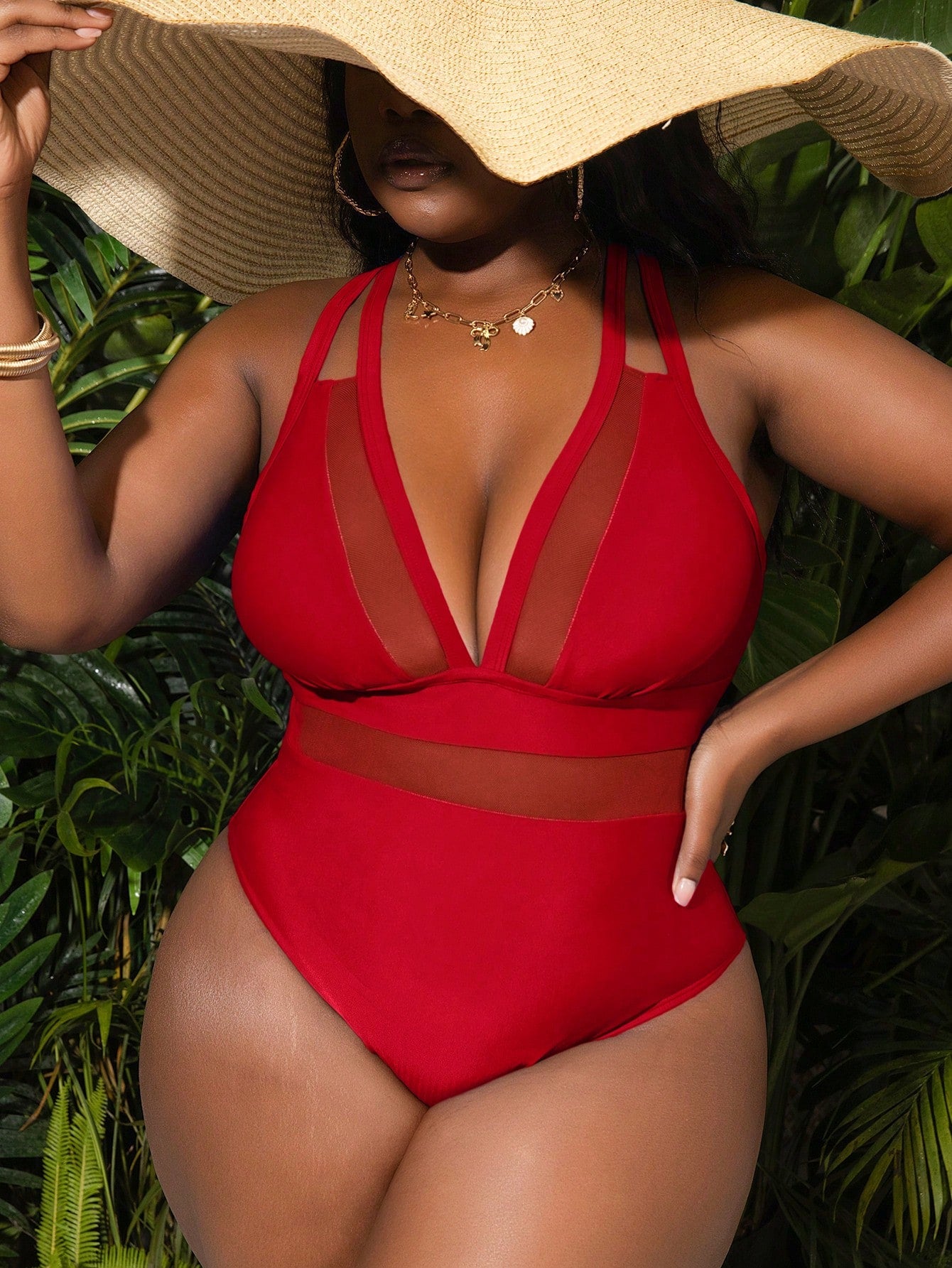 Slaydiva Plus Size Red Deep V-Neck Mesh Panel Sheer Cutout One Piece Swimsuit,Tummy Control Body Shaping Bathing Suit For Summer Beach Vacation Holiday