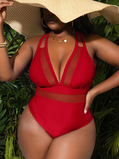 Slaydiva Plus Size Red Deep V-Neck Mesh Panel Sheer Cutout One Piece Swimsuit,Tummy Control Body Shaping Bathing Suit For Summer Beach Vacation Holiday