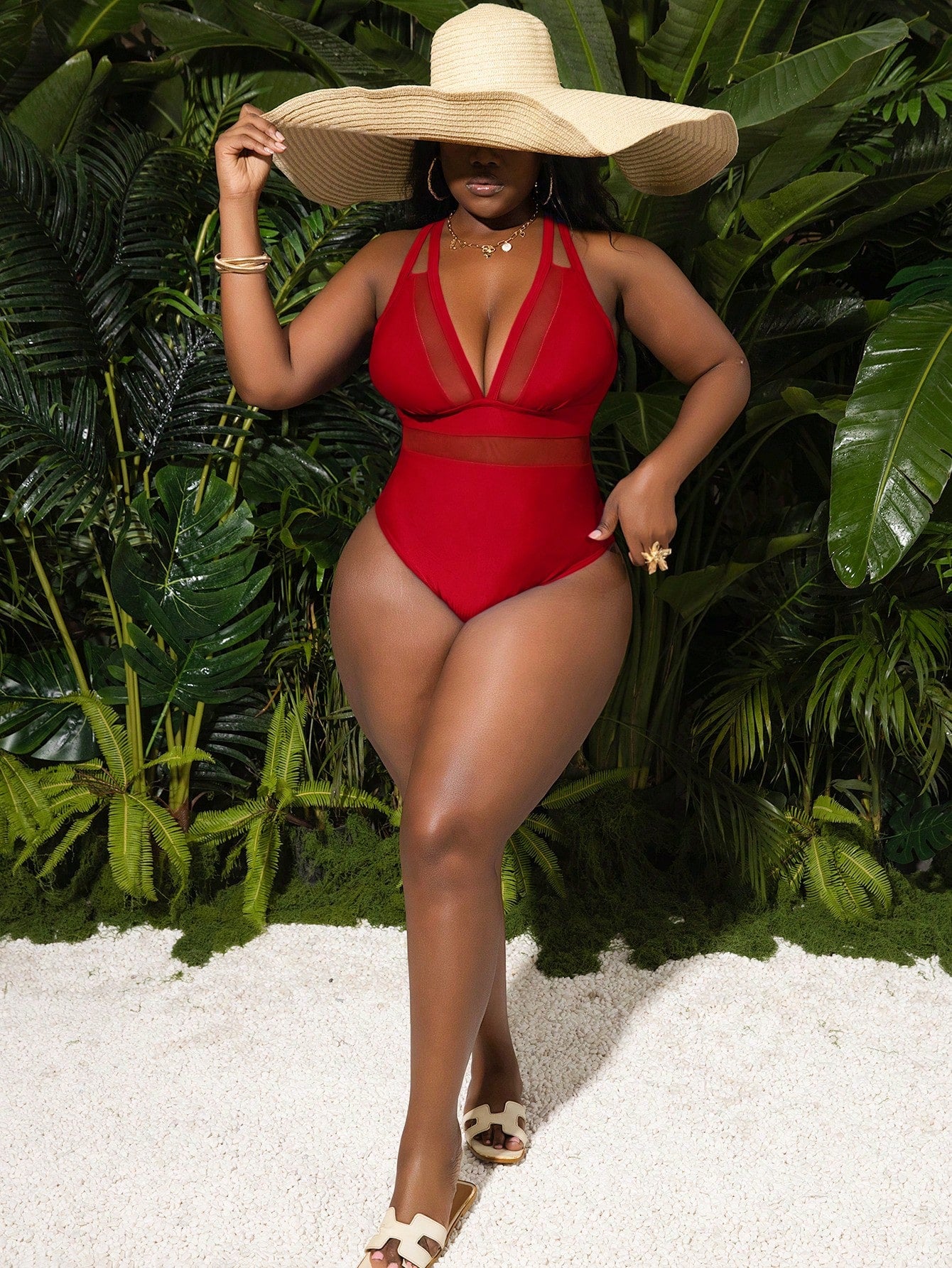 Slaydiva Plus Size Red Deep V-Neck Mesh Panel Sheer Cutout One Piece Swimsuit,Tummy Control Body Shaping Bathing Suit For Summer Beach Vacation Holiday