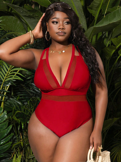 Slaydiva Plus Size Red Deep V-Neck Mesh Panel Sheer Cutout One Piece Swimsuit,Tummy Control Body Shaping Bathing Suit For Summer Beach Vacation Holiday