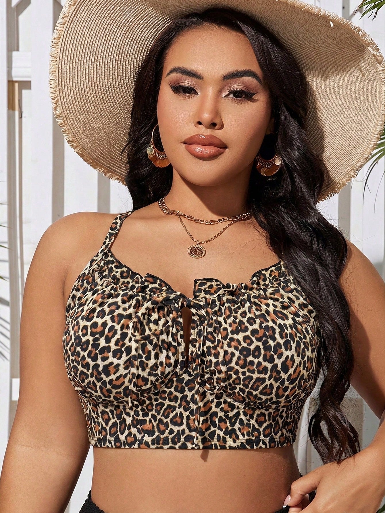 Slaydiva Plus Size Solid Color Drawstring Camisole Swimwear Top