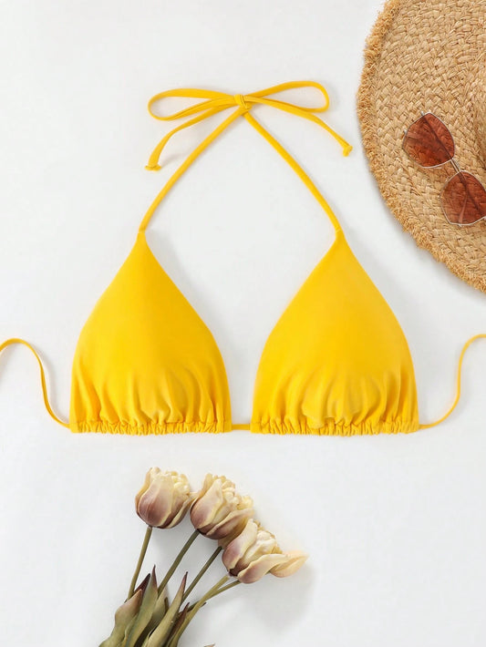 Slaydiva Plus Size Solid Color Halter Tie Knot Triangle Bikini Top