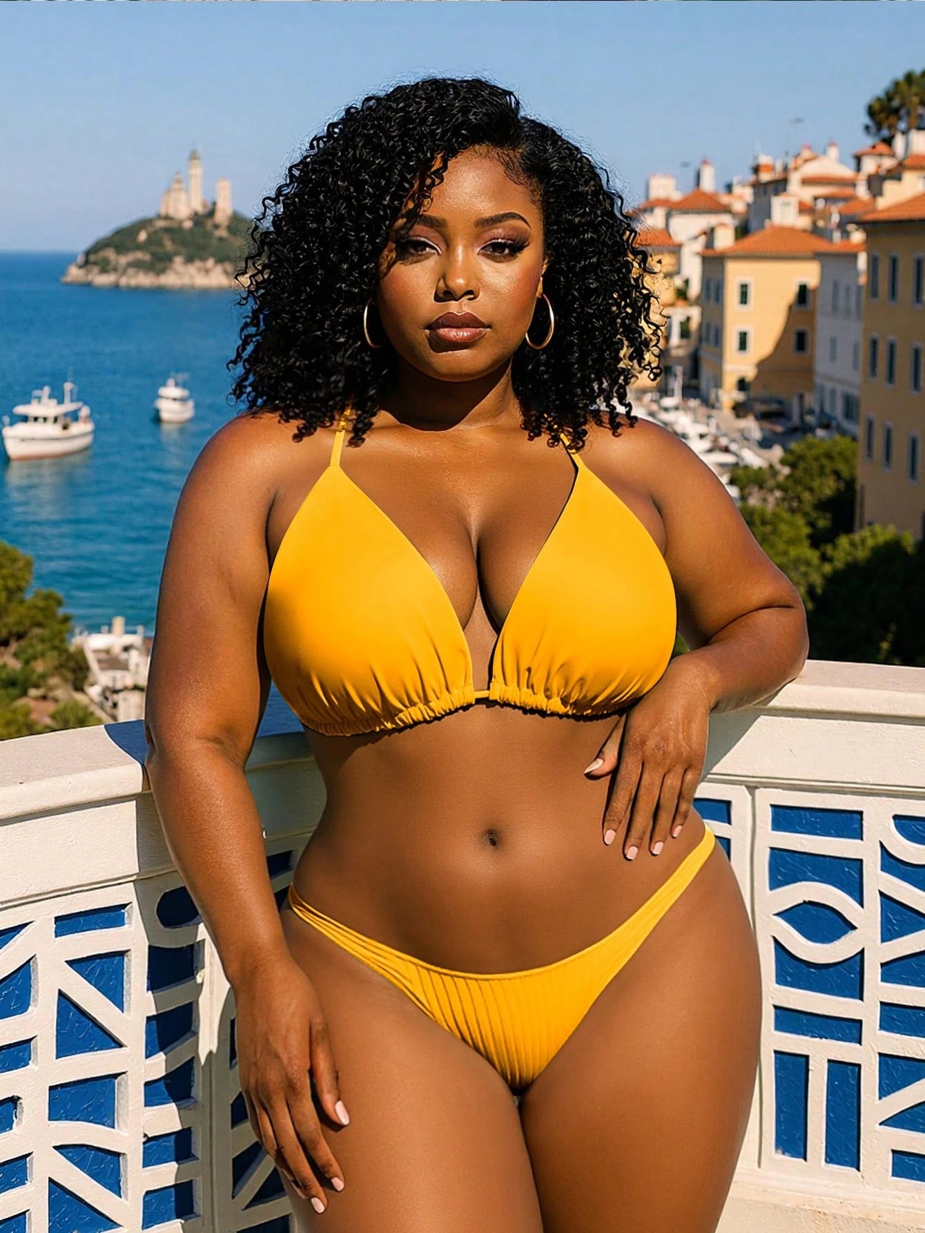 Slaydiva Plus Size Solid Color Halter Tie Knot Triangle Bikini Top