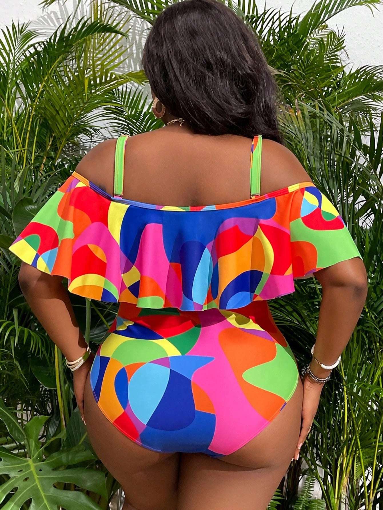 Slaydiva Plus Size Solid Color Off-Shoulder Strap One-Piece Swimsuit