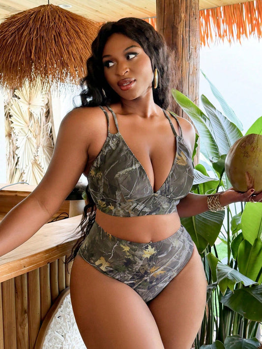 Slaydiva Plus Size Summer Vacation Tree Branch Print Bikini Set